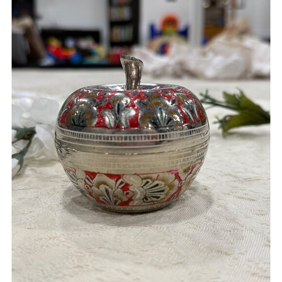 Silver Apple Shaped Decorative Trinket Box With Red Floral Pattern & Lid - Picture 1 of 10